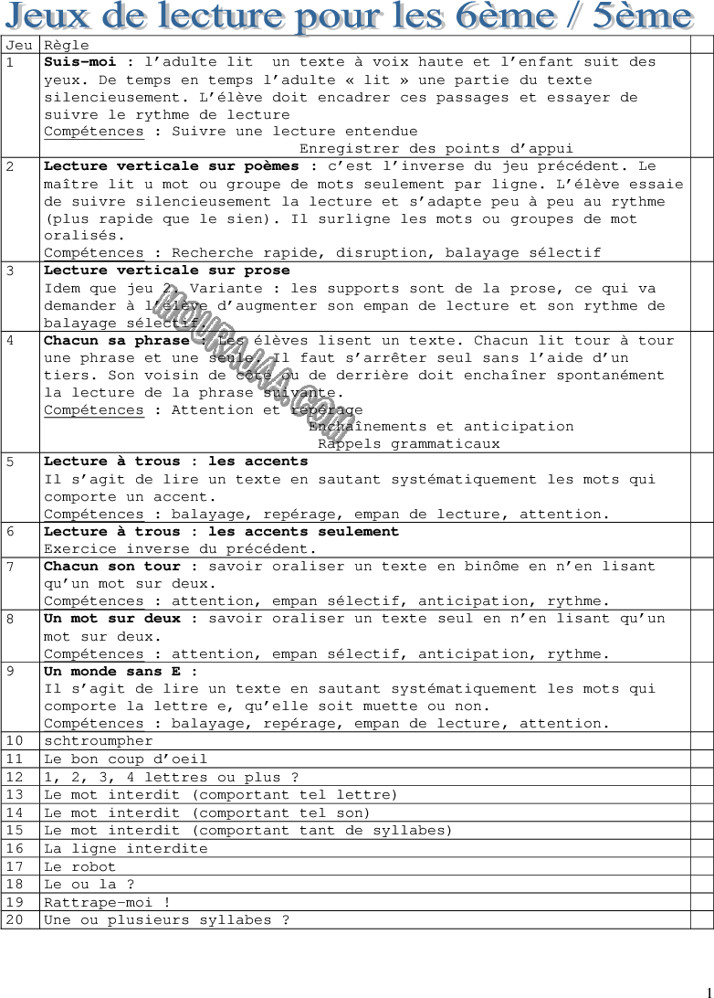 Jeux de lecture pour les 6èmes